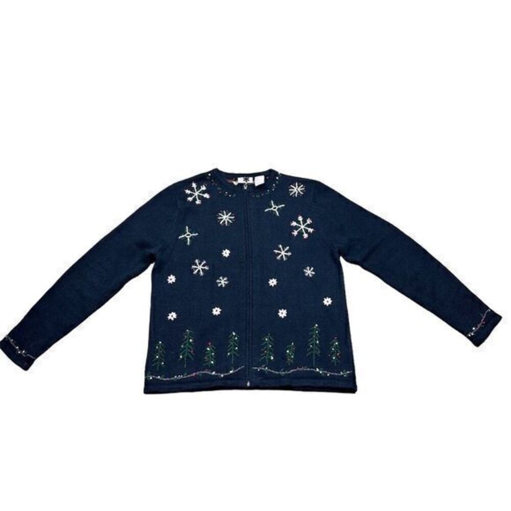 Field‎ Gear Womens Navy Blue Embroidered Snowflake Christmas Tree Zip Cardigan S